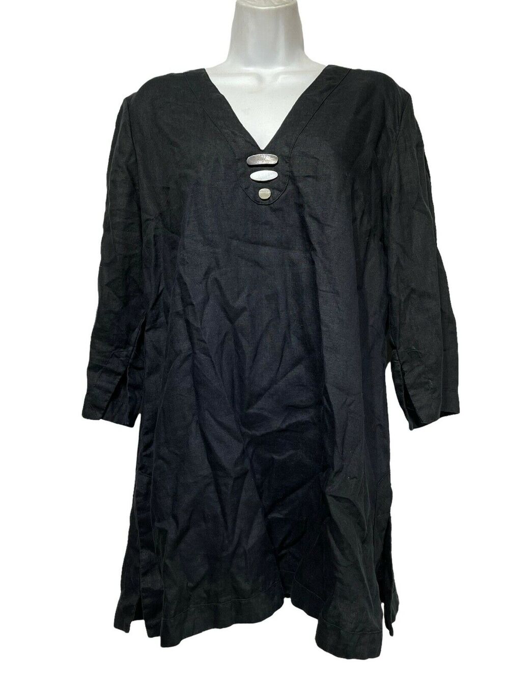 grace elements black linen beaded long sleeve tunic Top Size 14